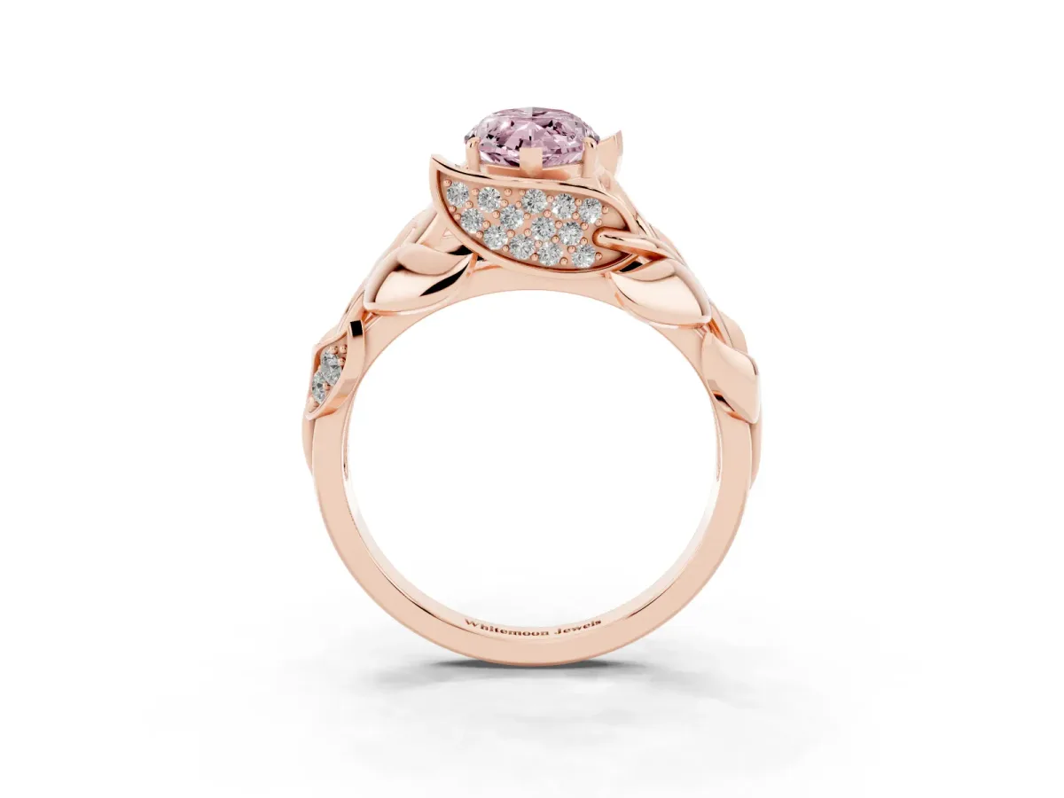 Fancy Pink Marquise Cut Diamond Leaf-Inspired Engagement Ring with Round Accents and Prong Setting Rose gold