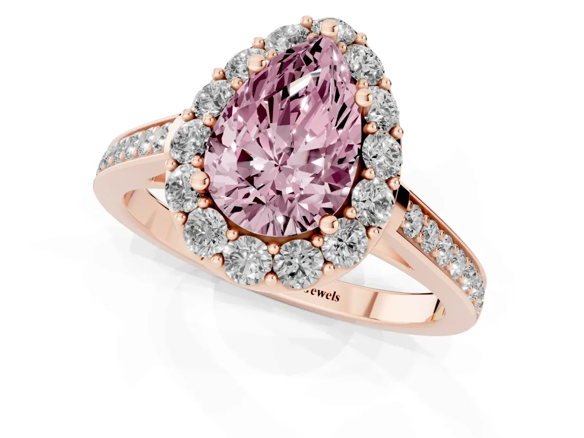 Fancy Pink Pear Cut Diamond Floral Halo Ring with Pavé Band and Prong Setting Rose gold