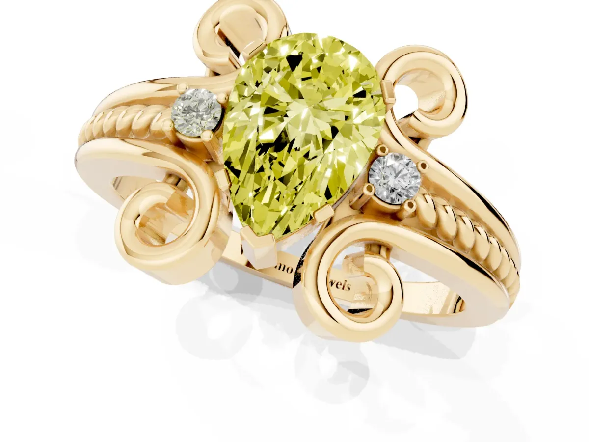 Fancy Yellow Pear Cut Solitaire Twisted Band Scroll Prong Ring Yellow gold