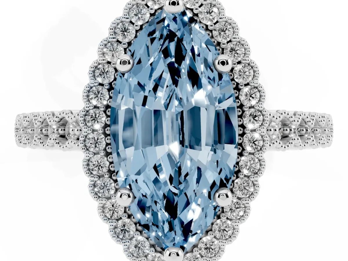 Fancy Blue Marquise Cut Cut Halo Pavé Solitaire Ring with Milgrain Band Silver