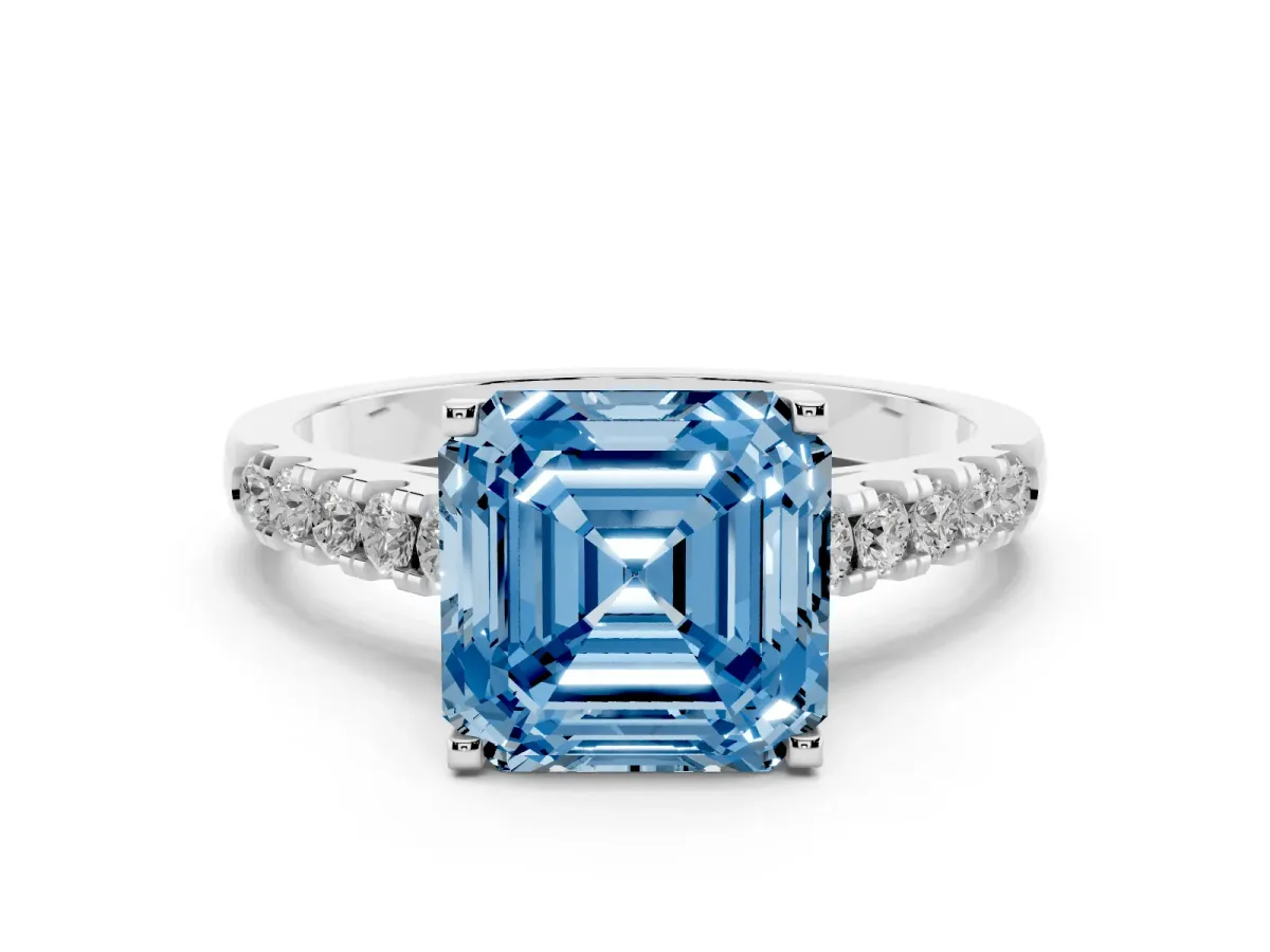 Fancy Blue Asscher Cut Diamond Pavé Band Solitaire Ring with Prong Setting Silver