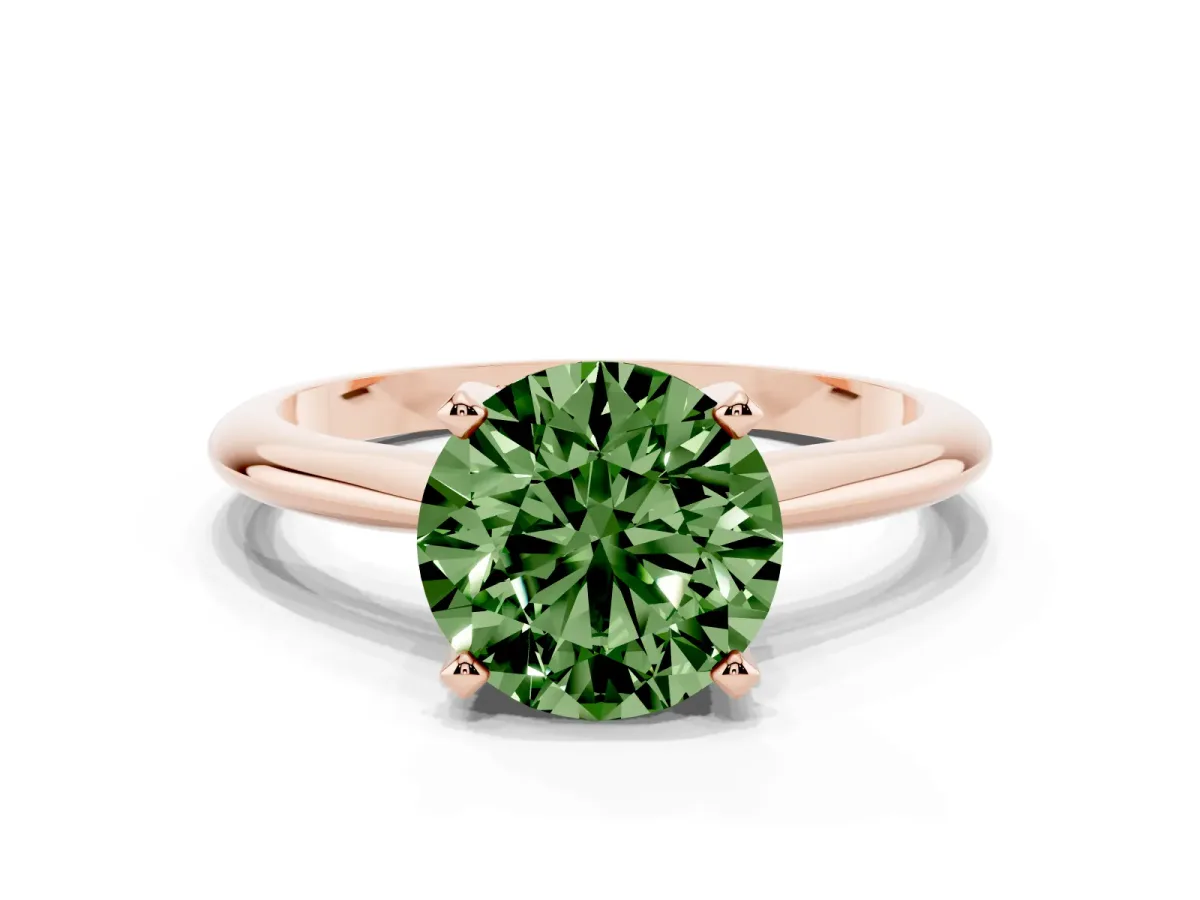 Fancy Green Round Cut Cut Solitaire Ring with Four-Prong Setting on a Classic Band Rose gold