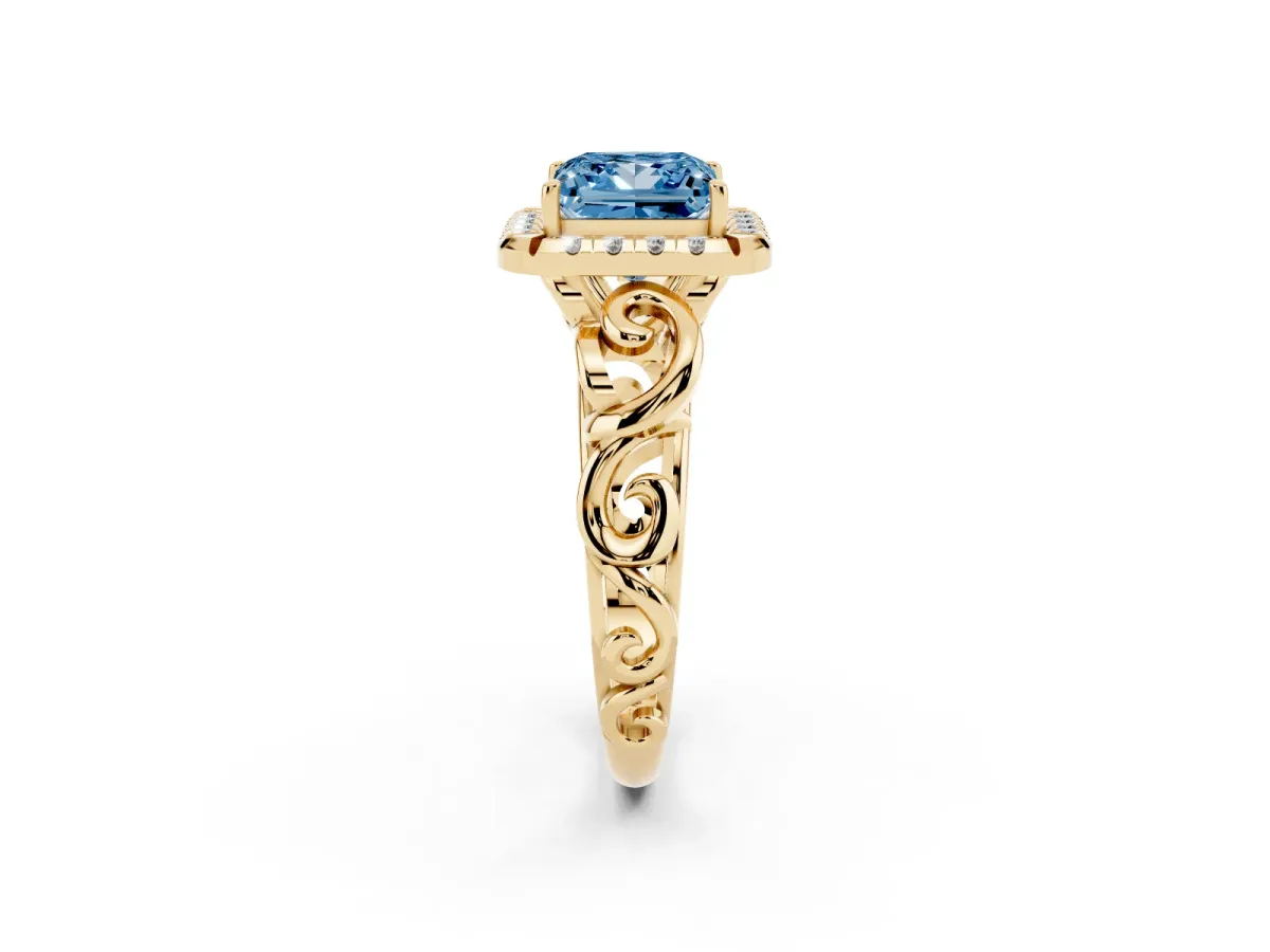 Fancy Blue Princess Cut Cut Halo Diamond Ring with Scrollwork Band and Four-Prong Setting Yellow gold