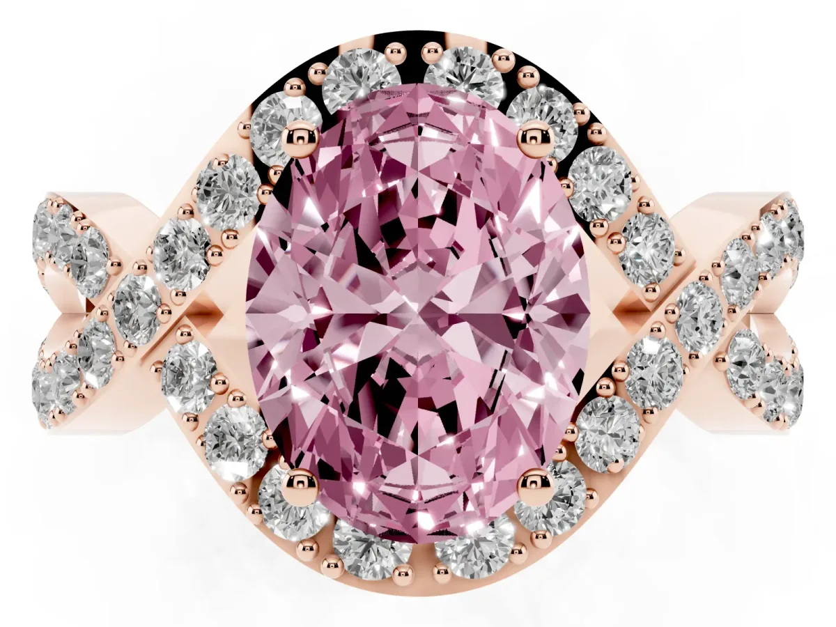 Fancy Pink Oval Cut Solitaire Twist Band Pavé Diamond Engagement Ring Rose gold