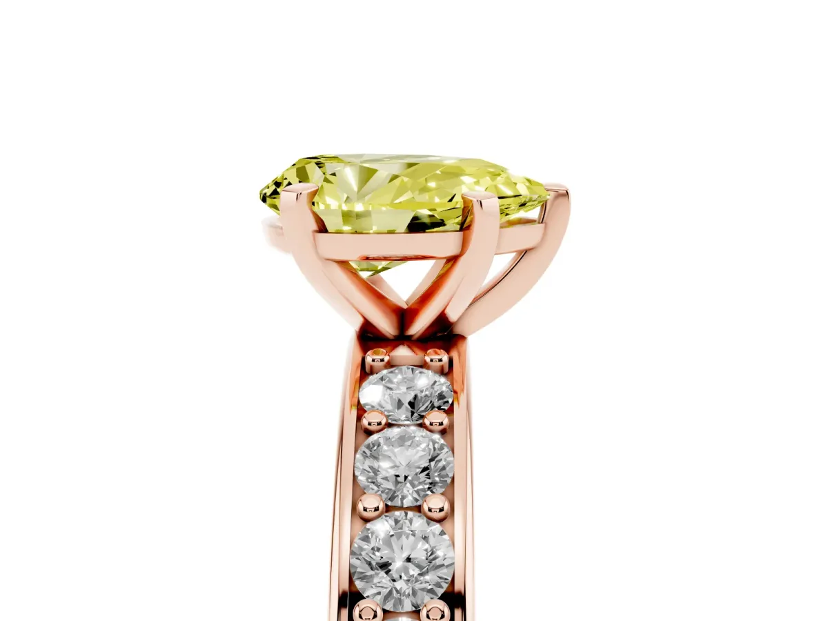 Fancy Yellow Pear Cut Diamond Engagement Ring with Channel Set Round Band and Prong Setting Rose gold