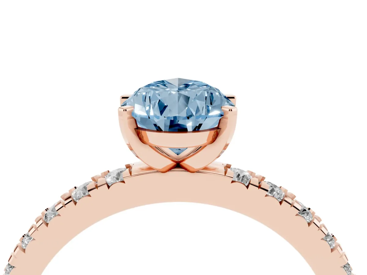 Fancy Blue Pear Cut Diamond Pavé Band Solitaire with Four-Prong Setting Rose gold