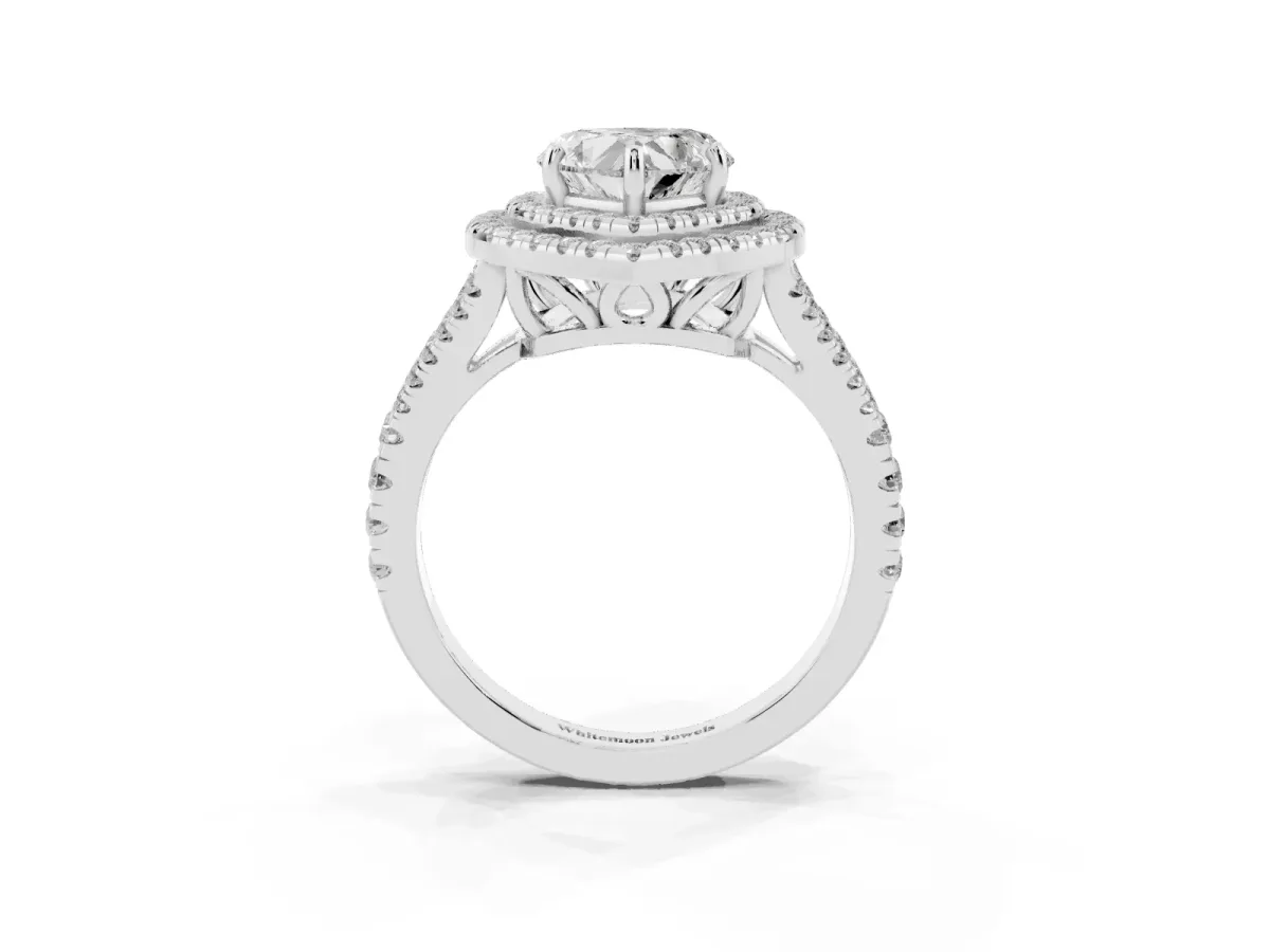 Heart Cut Diamond Double Halo Ring with Pavé Band and Prong Setting White gold
