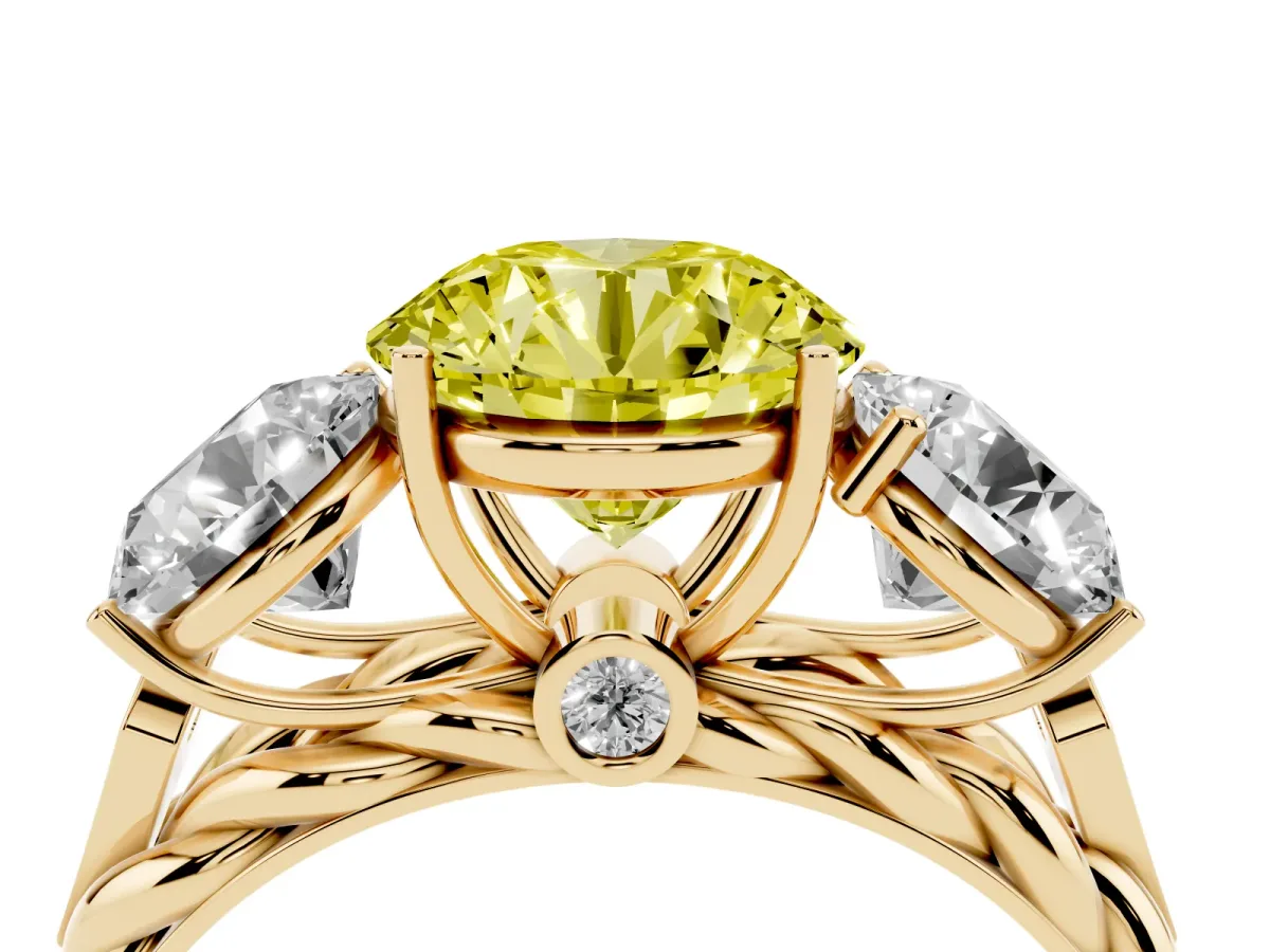 Fancy Yellow Three-Stone Round Cut Diamond Braided Band Ring with Four-Prong Setting Yellow gold