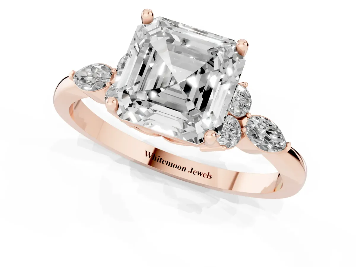 Asscher Cut Brilliant Diamond Solitaire Ring with Pear Side Stones and Four-Prong Setting Rose gold