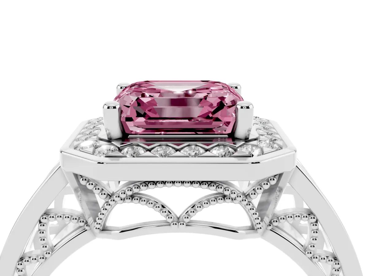Fancy Pink Asscher Cut Diamond Halo Ring with Split Shank and Bezel Accents and Prong Setting Silver