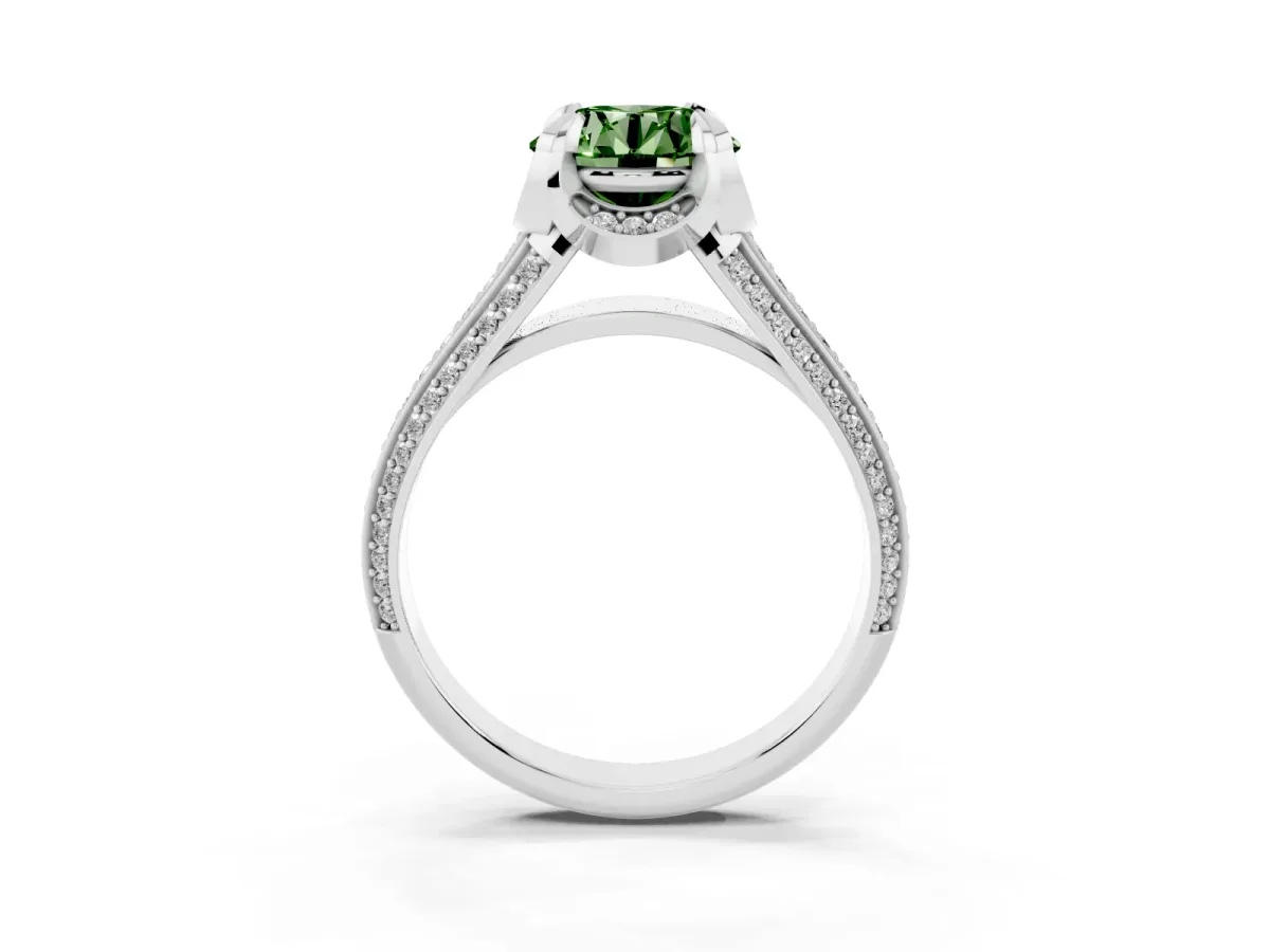 Fancy Green Round Cut Solitaire Pave Split Shank Ring with Four-Prong Setting Platinum