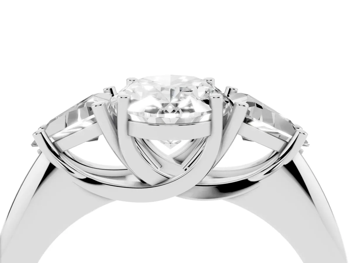 Three-Stone Oval Cut Diamond Engagement Ring with Trillion Side Stones and Prong Setting Silver