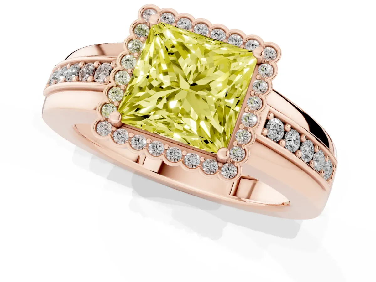 Fancy Yellow Princess Cut Cut Halo Pave Band Four-Prong Ring Rose gold
