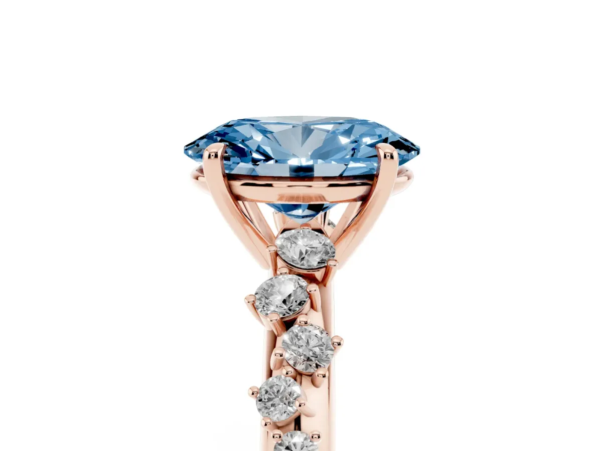 Fancy Blue Oval Cut Diamond Cluster Side Stone Solitaire Ring with Prong Setting Rose gold