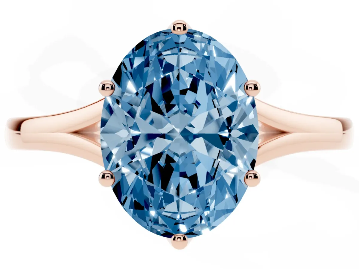 Fancy Blue Oval Cut Solitaire Diamond Ring with Six-Prong Setting and Tapered Band Rose gold