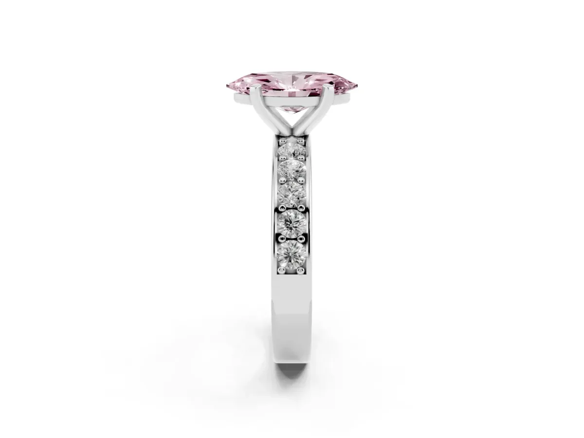 Fancy Pink Marquise Cut Diamond Engagement Ring with Channel Set Round Band and Prong Setting White gold