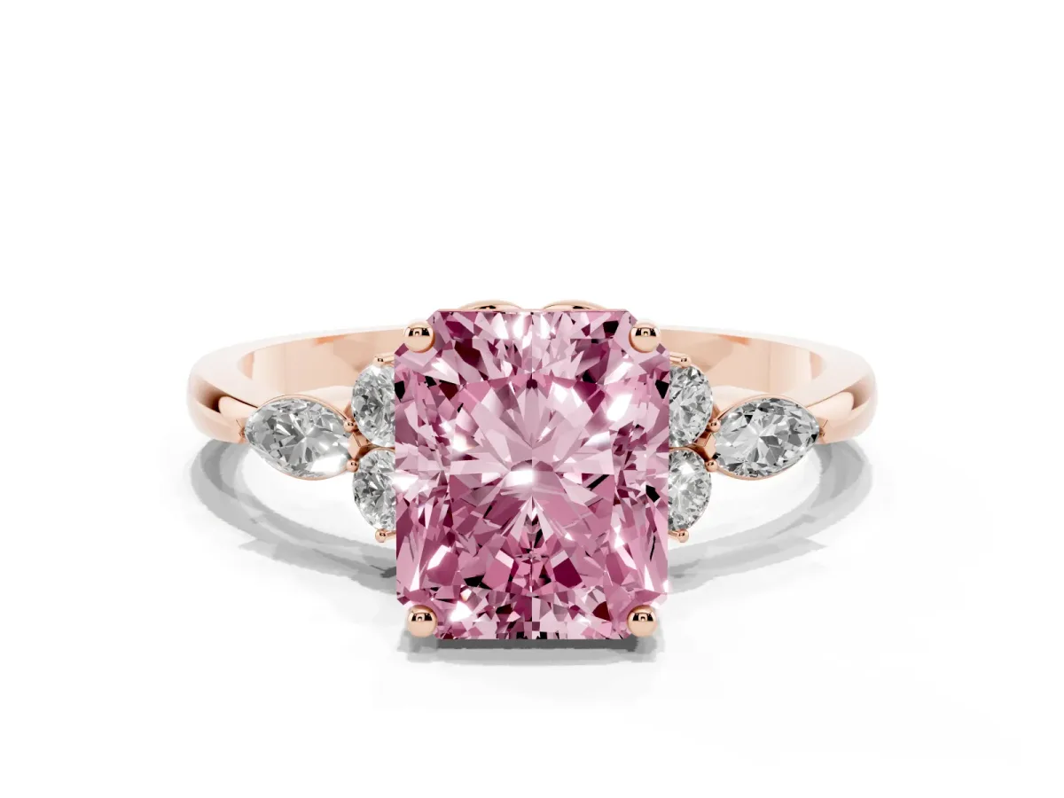 Fancy Pink Radiant Cut Brilliant Diamond Solitaire Ring with Pear Side Stones and Four-Prong Setting Rose gold