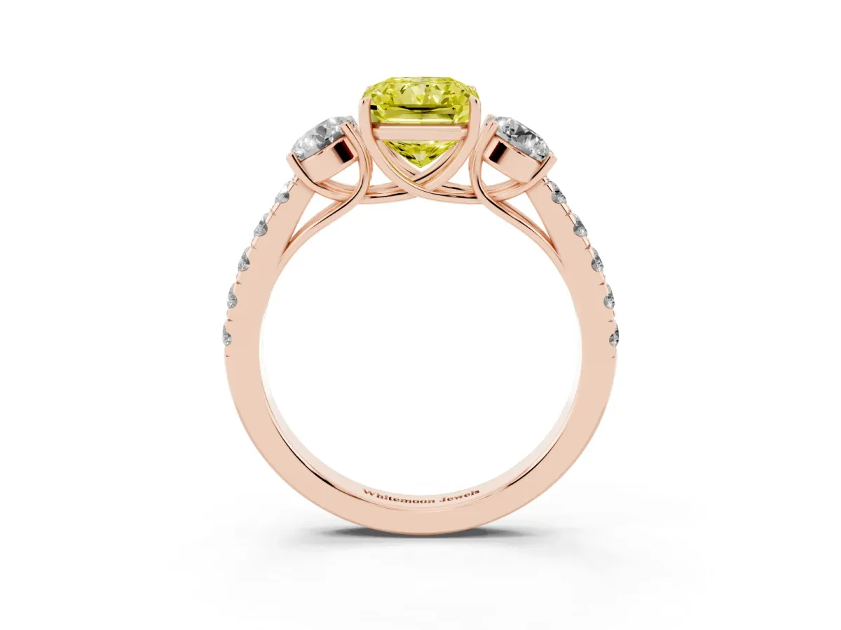 Fancy Yellow Radiant Cut Cut Diamond Three-Stone Ring with Round Side Stones and Pavé Band Rose gold