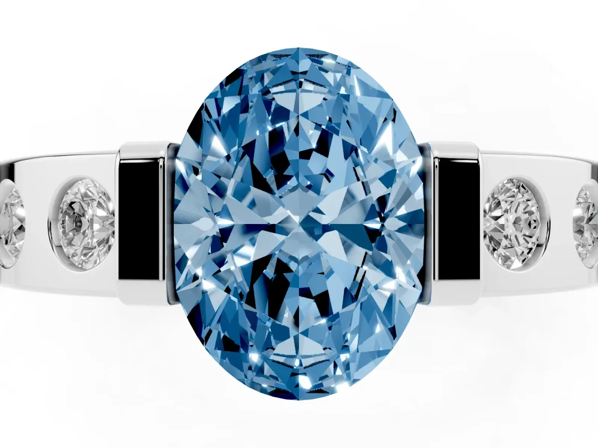 Fancy Blue Oval Cut Brilliant Channel-Set Diamond Ring with Bezel Prong Setting Silver