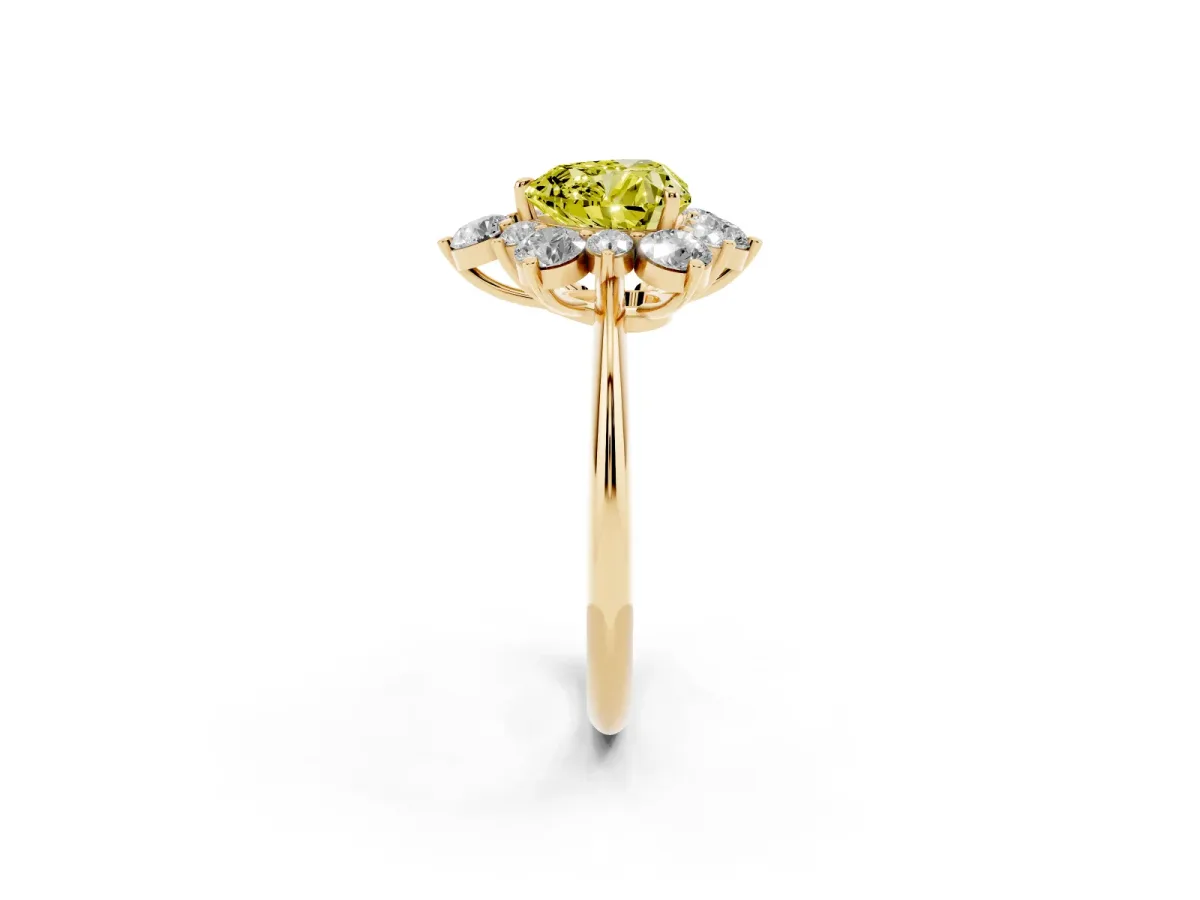 Fancy Yellow Heart Cut Diamond Cluster Halo Ring with Solitaire Band and Four-Prong Setting Yellow gold