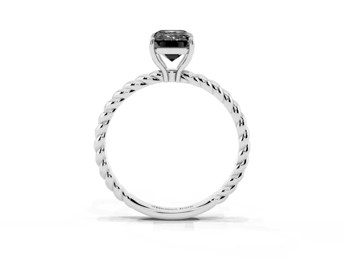 Fancy Black Emerald Cut Solitaire Twisted Band 4-Prong Ring Silver