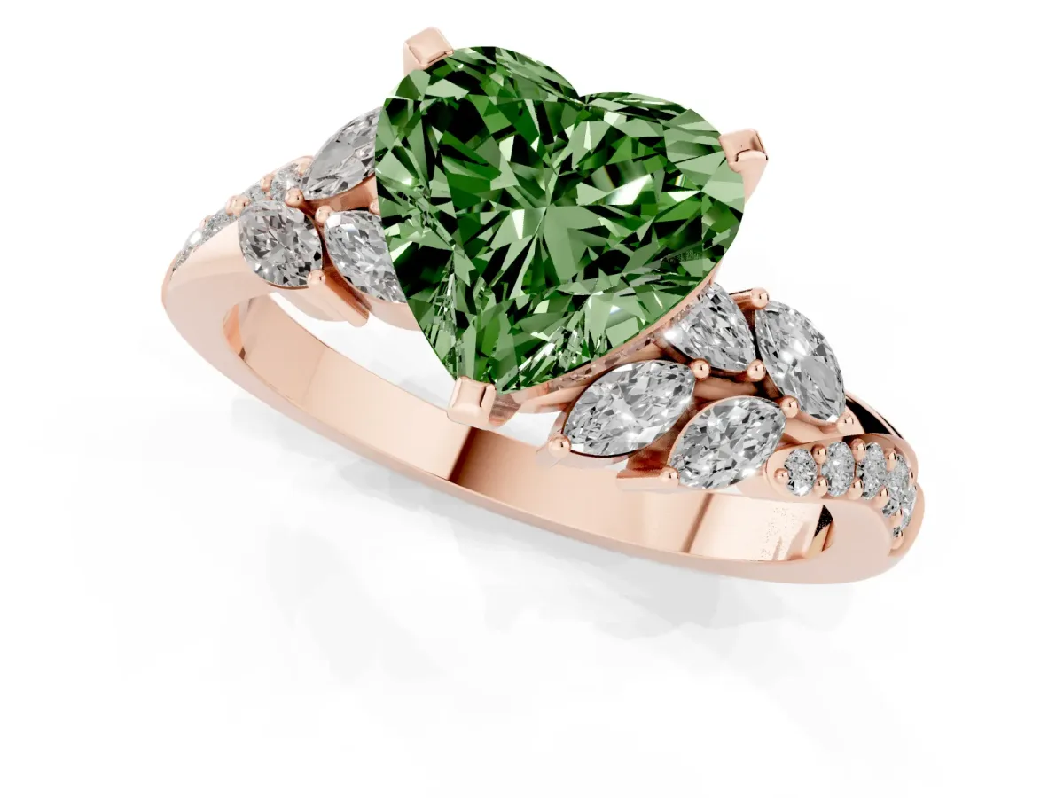 Fancy Green Heart Cut Solitaire Marquise Twist Band with Six-Prong Setting Rose gold