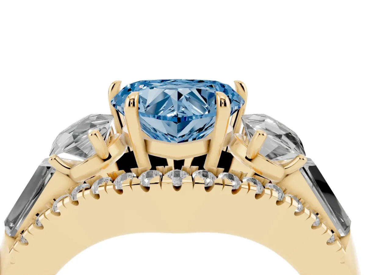Fancy Blue Three-Stone Heart Cut Diamond Engagement Ring with Pave Band and Prong Setting Yellow gold
