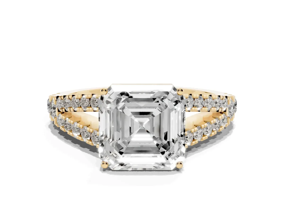 Asscher Cut Diamond Split Shank Pavé Engagement Ring with Four-Prong Setting Yellow gold