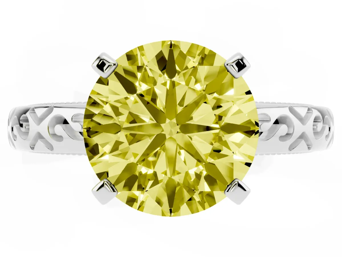 Fancy Yellow Round Cut Solitaire Engagement Ring with Scrollwork Band and Four-Prong Setting Silver