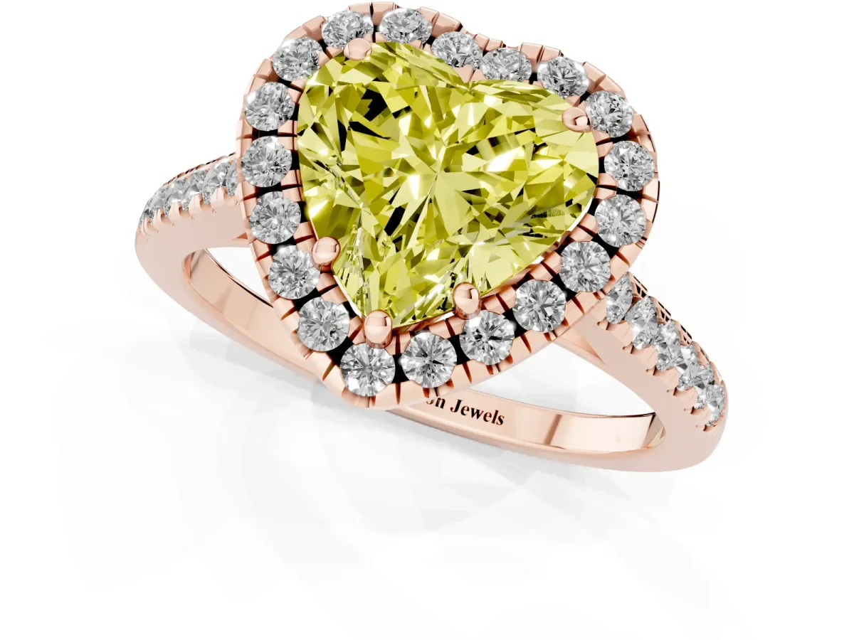 Fancy Yellow Heart Cut Halo Pavé Diamond Engagement Ring with Four-Prong Setting Rose gold