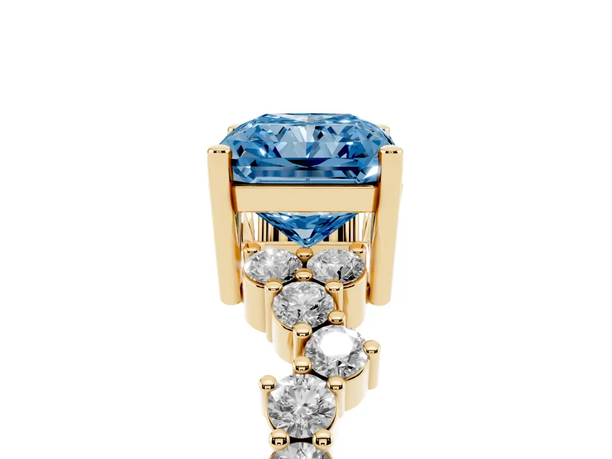Fancy Blue Radiant Cut Diamond Scattered Round Accent Ring with Prong Setting Yellow gold