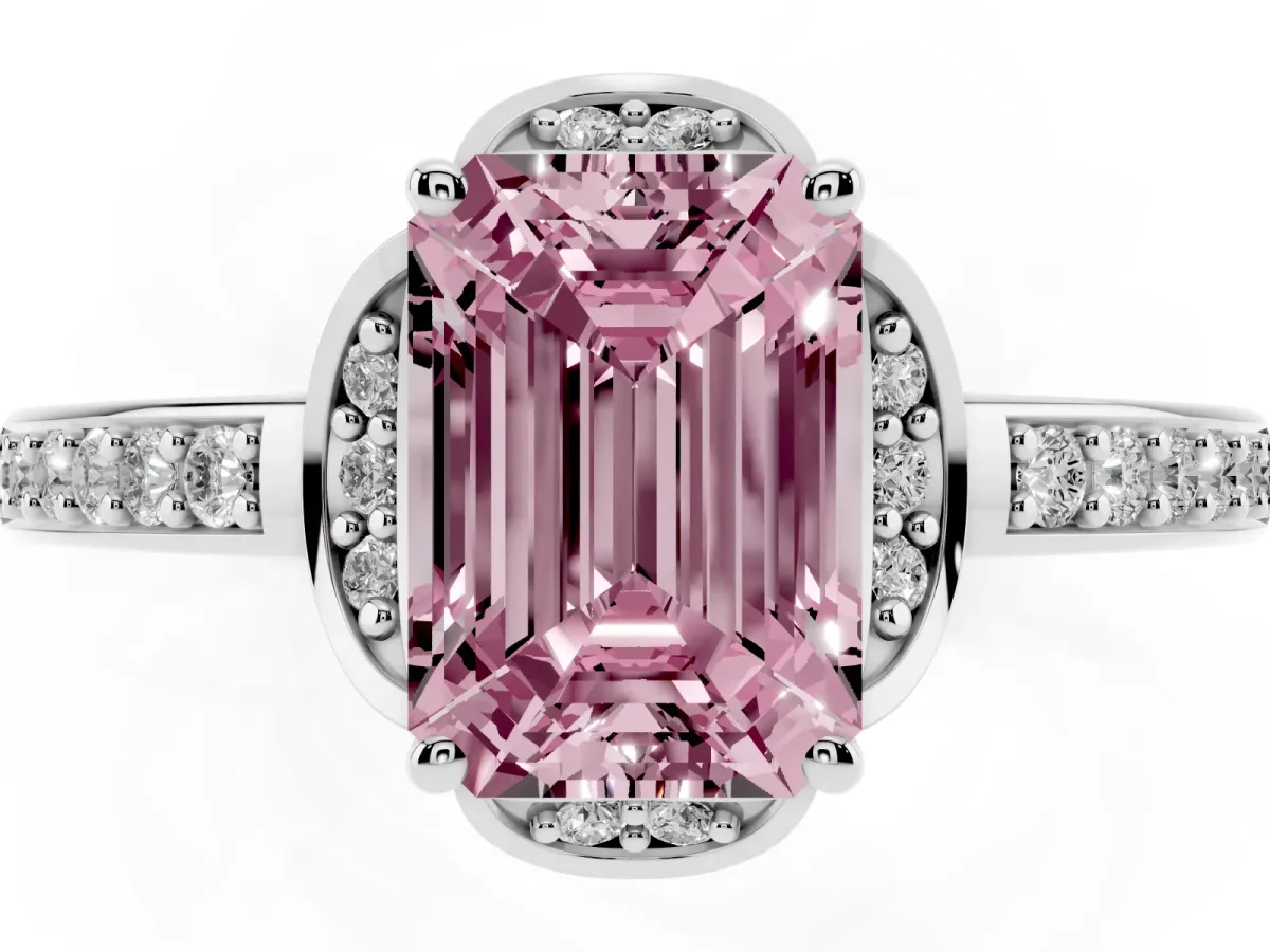 Fancy Pink Emerald Cut Cut Halo Diamond Ring with Channel Set Band and Four-Prong Setting White gold