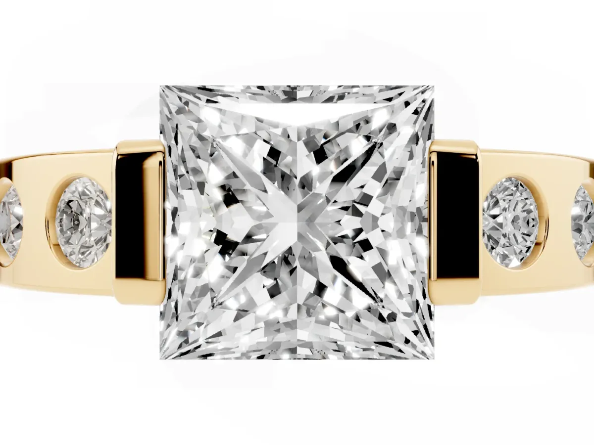 Princess Cut Brilliant Channel-Set Diamond Ring with Bezel Prong Setting Yellow gold