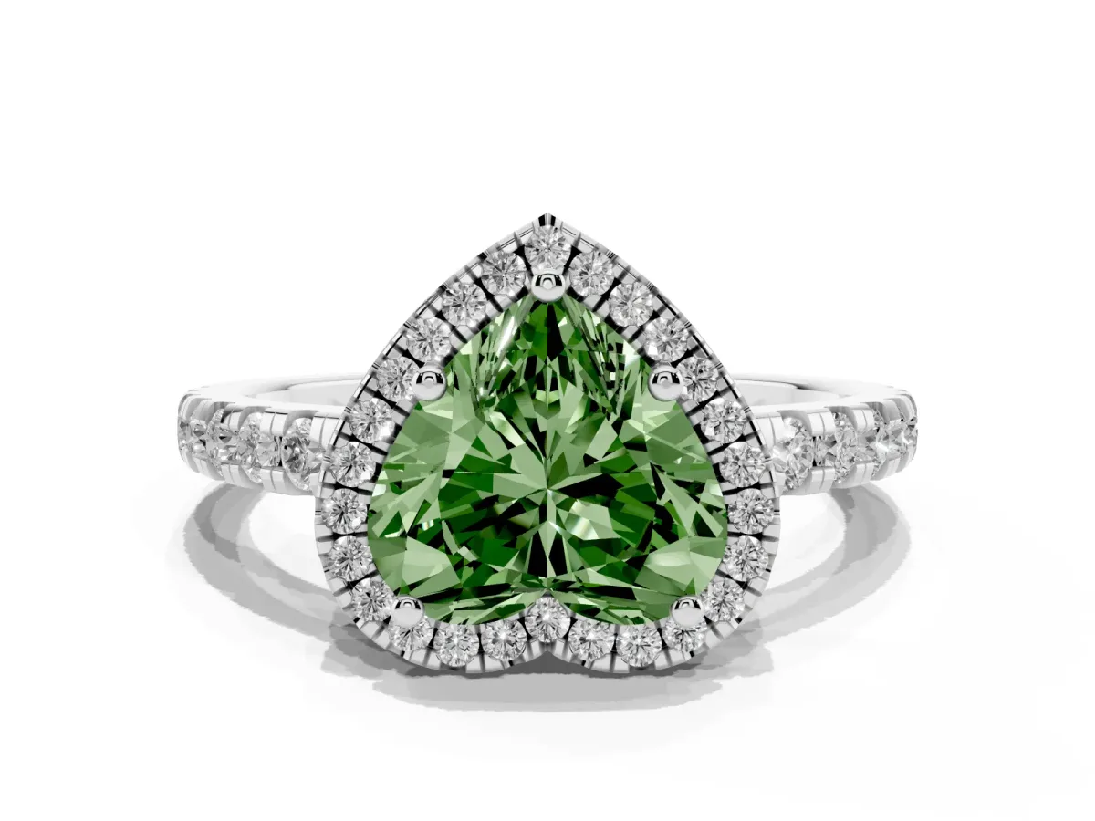Fancy Green Heart Cut Diamond Halo Ring with Pavé Band and Four-Prong Setting Platinum