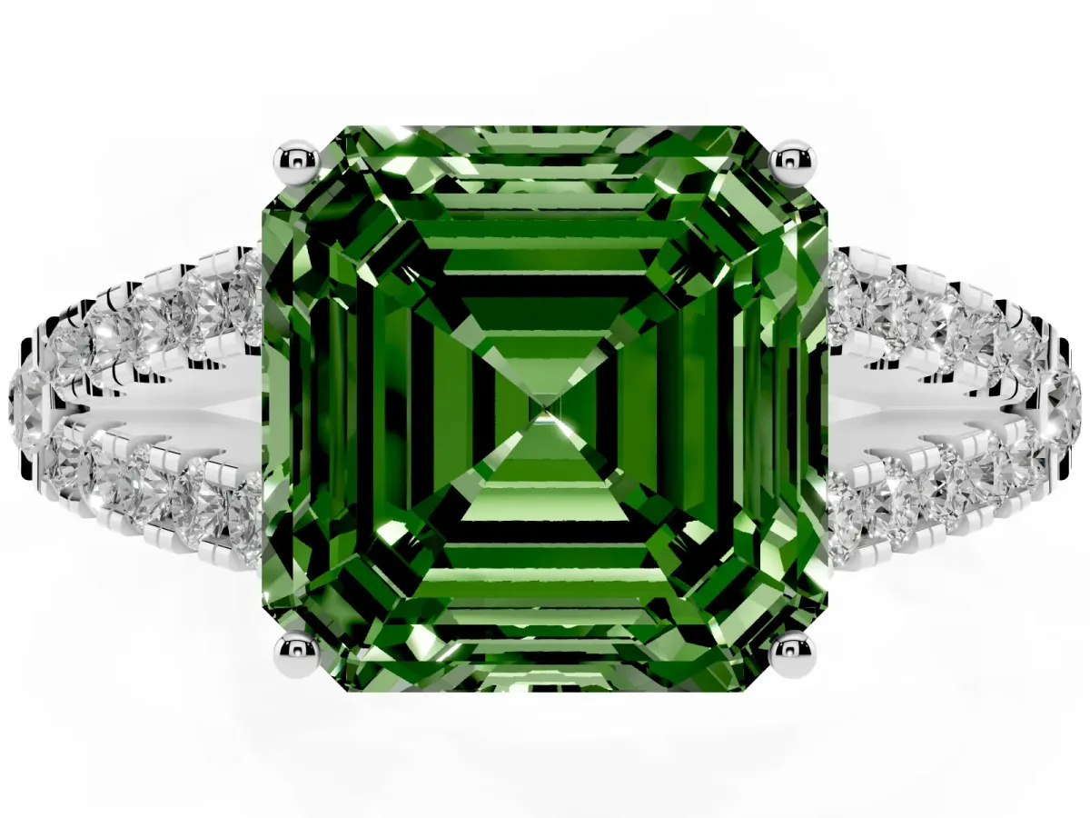 Fancy Green Asscher Cut Diamond Split Shank Engagement Ring with Round Pavé and Prong Setting Platinum