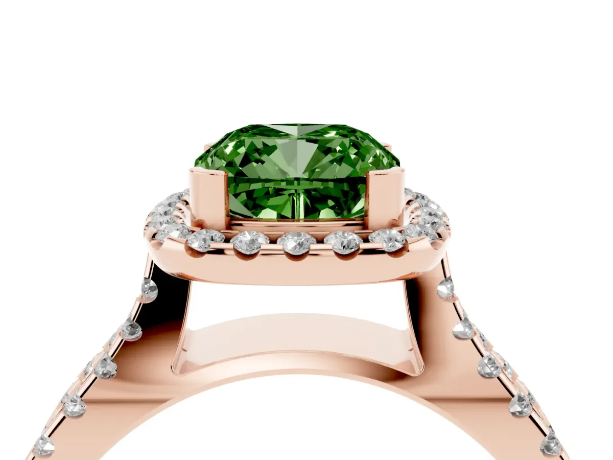 Fancy Green Cushion Cut Diamond Halo Ring with Split Shank Pavé Band and Prong Setting Rose gold