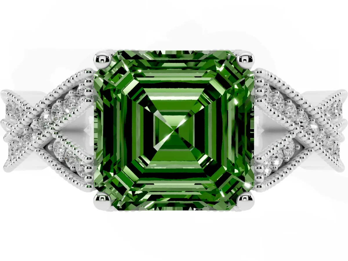Fancy Green Asscher Cut Cut Diamond Twisted Band with Milgrain Pave Setting and Four-Prong Setting Platinum