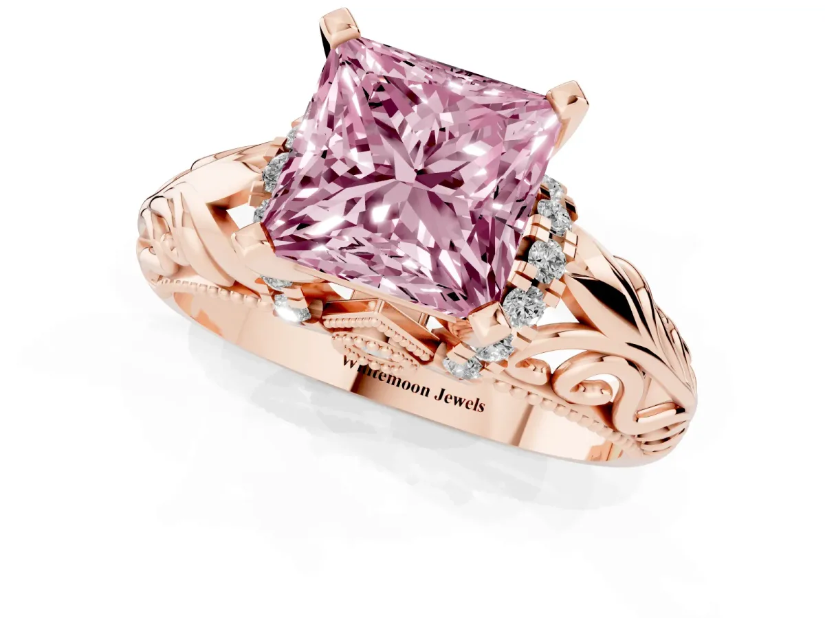Fancy Pink Princess Cut Solitaire Filigree Engagement Ring with Halo and Prong Setting Rose gold
