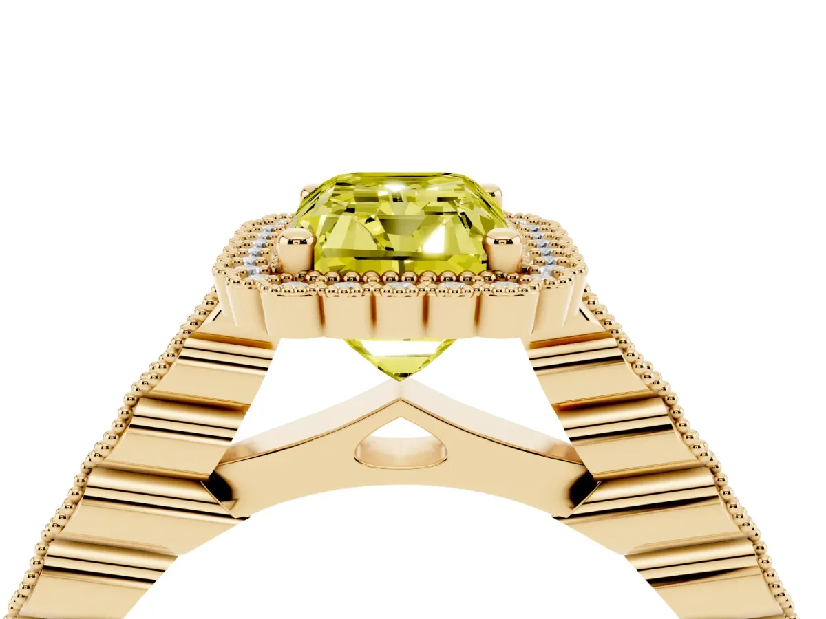 Fancy Yellow Radiant Cut Cut Halo Pavé Solitaire Ring with Milgrain Band Yellow gold