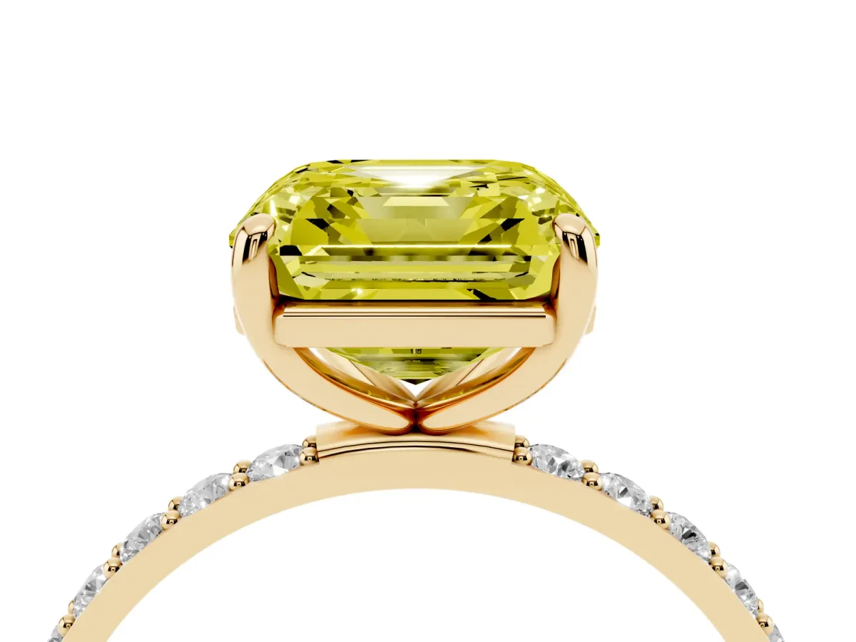 Fancy Yellow Asscher Cut Diamond Solitaire Ring with Round Pavé Band and Prong Setting Yellow gold