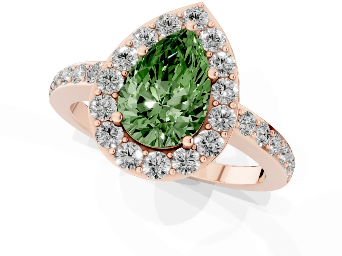 Fancy Green Pear Cut Halo Diamond Pavé Band Ring with Prong Setting Rose gold