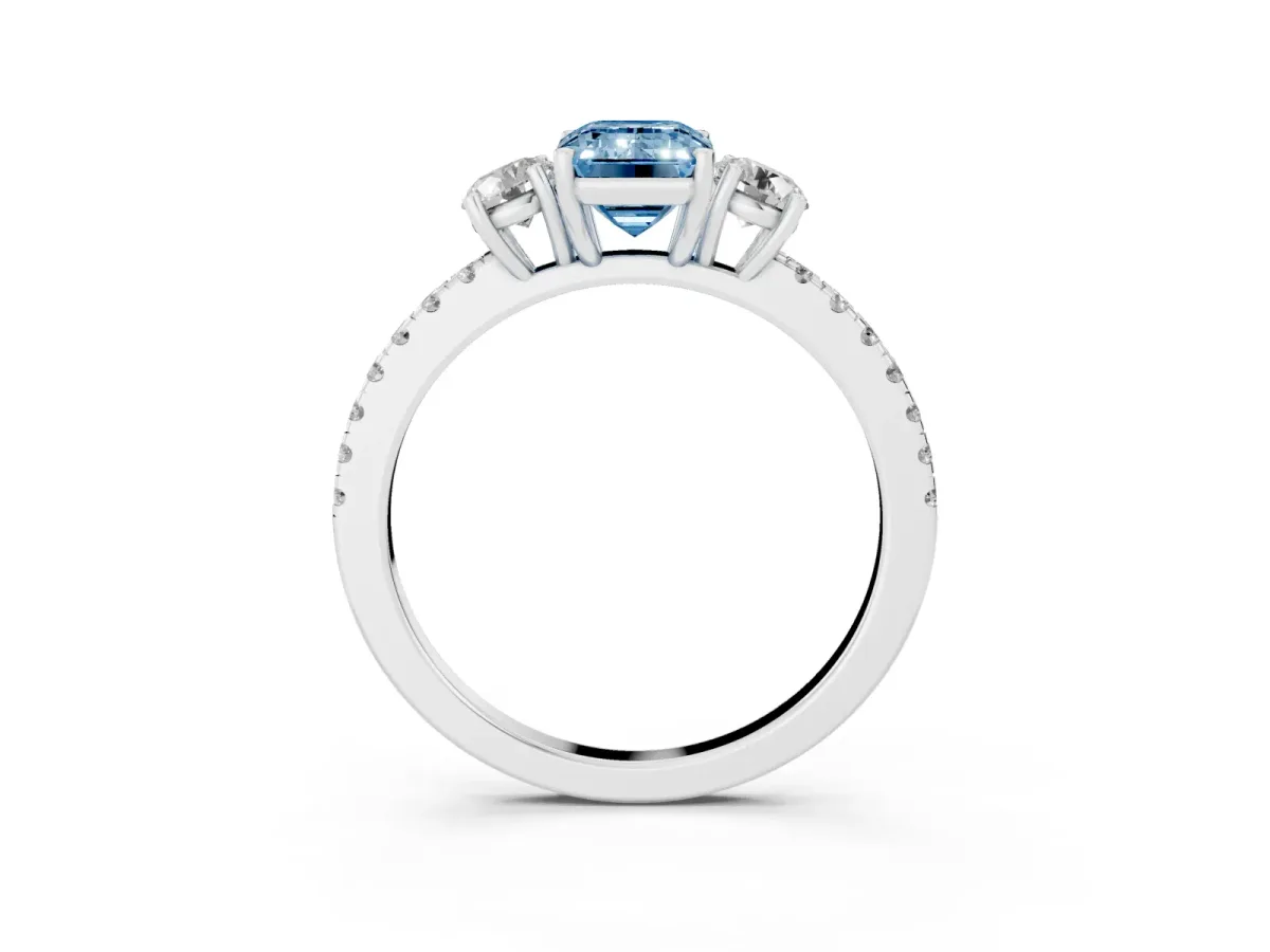 Fancy Blue Three-Stone Emerald Cut Cut Diamond Pavé Band with Prong Setting Platinum