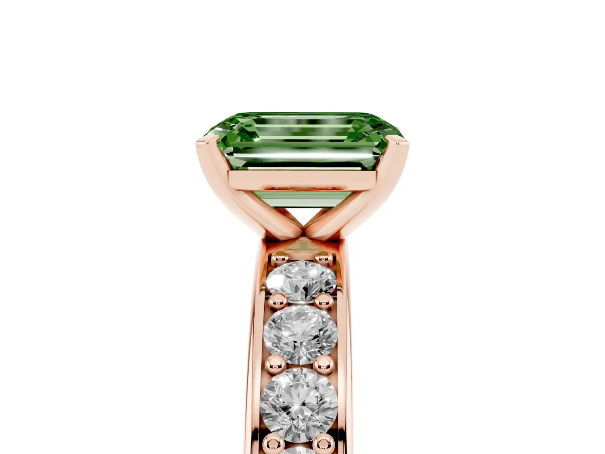 Fancy Green Emerald Cut Diamond Engagement Ring with Channel Set Round Band and Prong Setting Rose gold