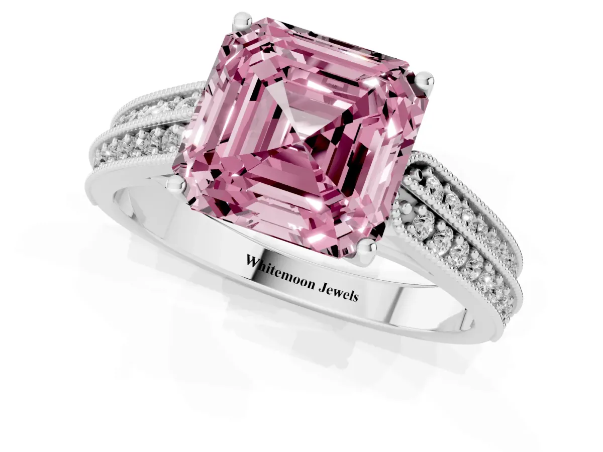 Fancy Pink Asscher Cut Cut Pave Split Shank Engagement Ring with Four-Prong Setting Platinum