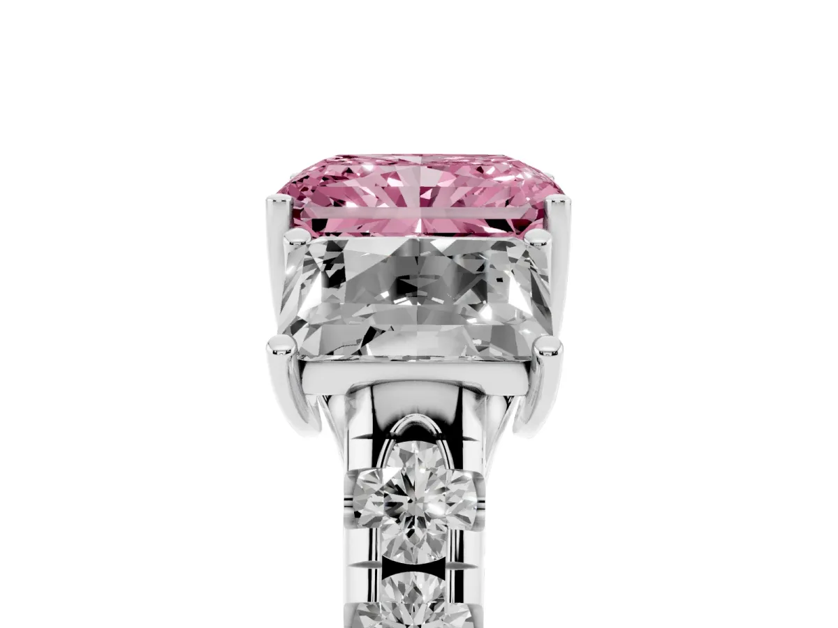Fancy Pink Three-Stone Radiant Cut Diamond Pavé Band with Prong Setting Silver