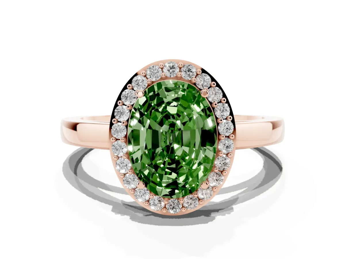 Fancy Green Oval Cut Halo Diamond Ring with Solitaire Band and Prong Setting Rose gold