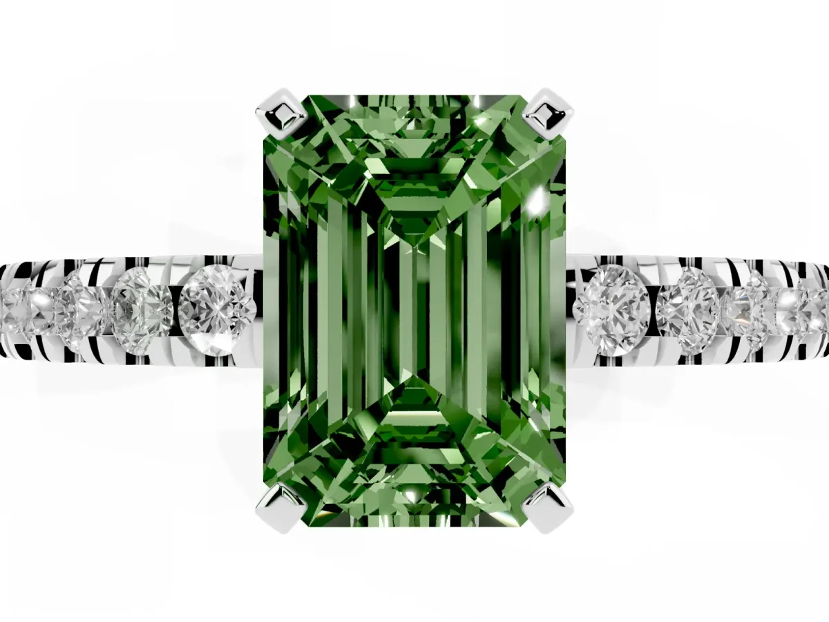 Fancy Green Emerald Cut Solitaire Diamond with Pavé Band and Four-Prong Setting Silver