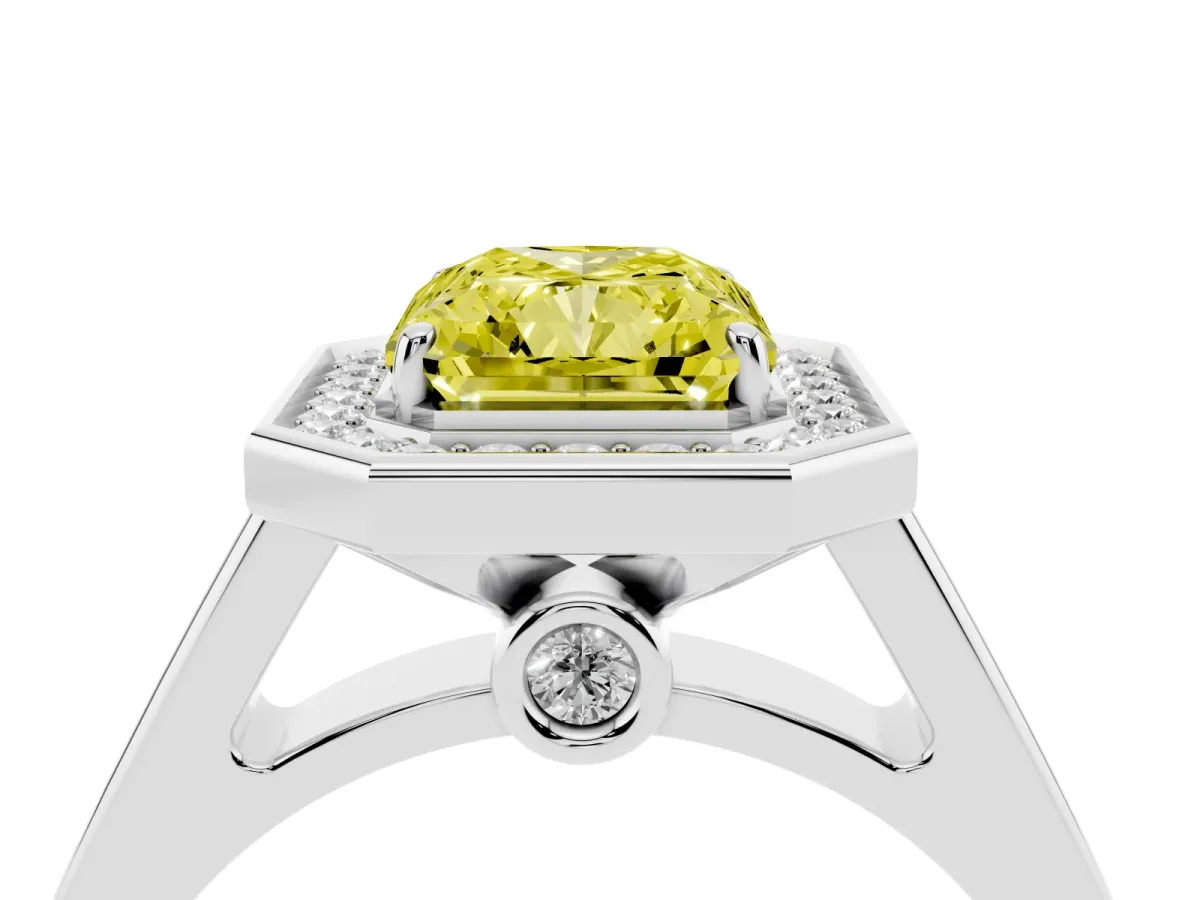 Fancy Yellow Radiant Cut Halo Solitaire Diamond Ring with Pave Band and Bezel Setting Platinum