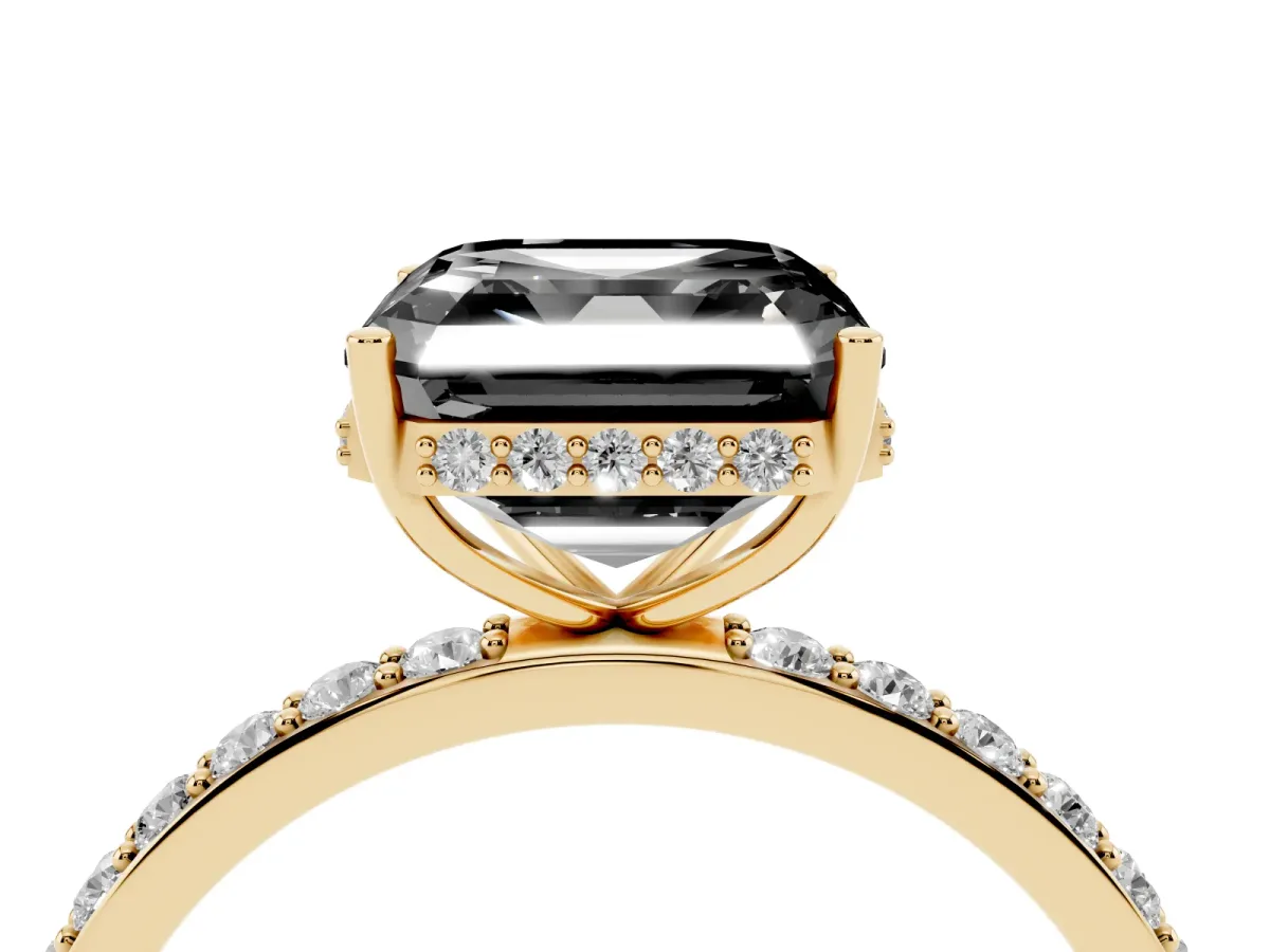Fancy Black Asscher Cut Diamond Solitaire Ring with Pavé Band and Hidden Halo Yellow gold
