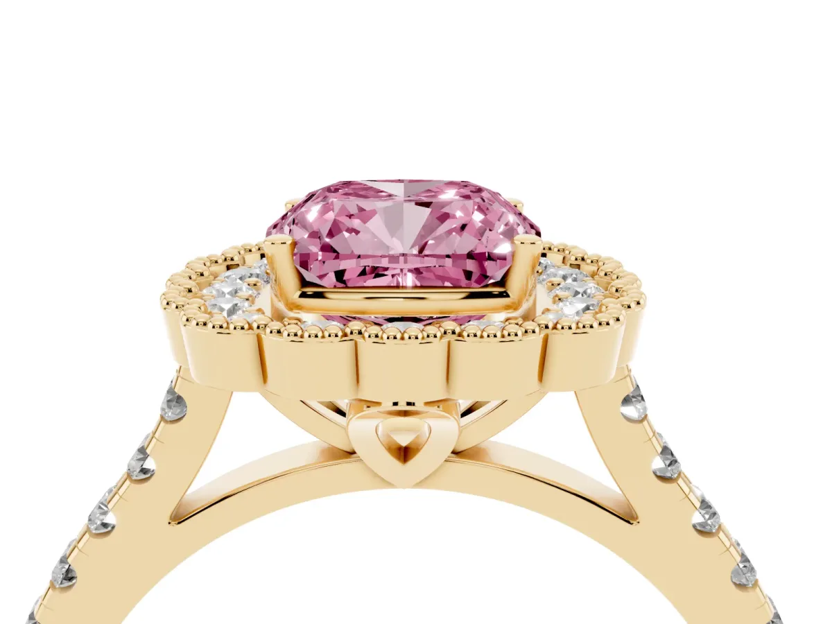 Fancy Pink Cushion Cut Cut Diamond Milgrain Floral Halo Engagement Ring with Pavé Band Yellow gold